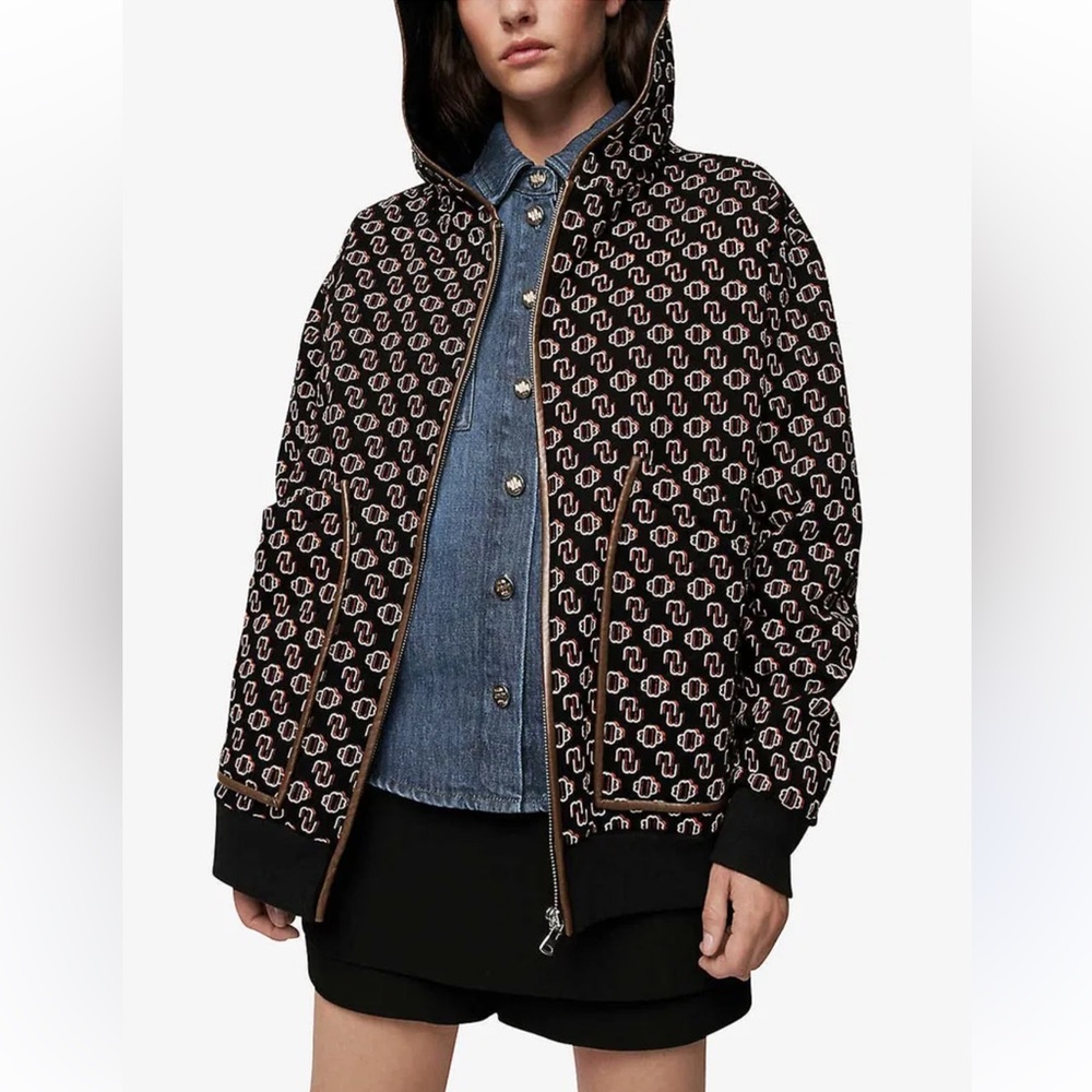 Maje Black & White Monogram Hooded Bomber Jacket